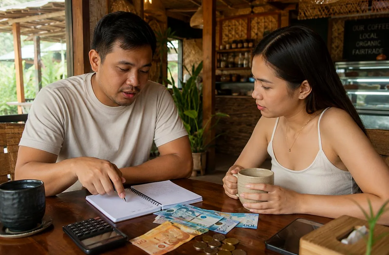 Two people discussing a budget over coffee with Philippine pesos on the table